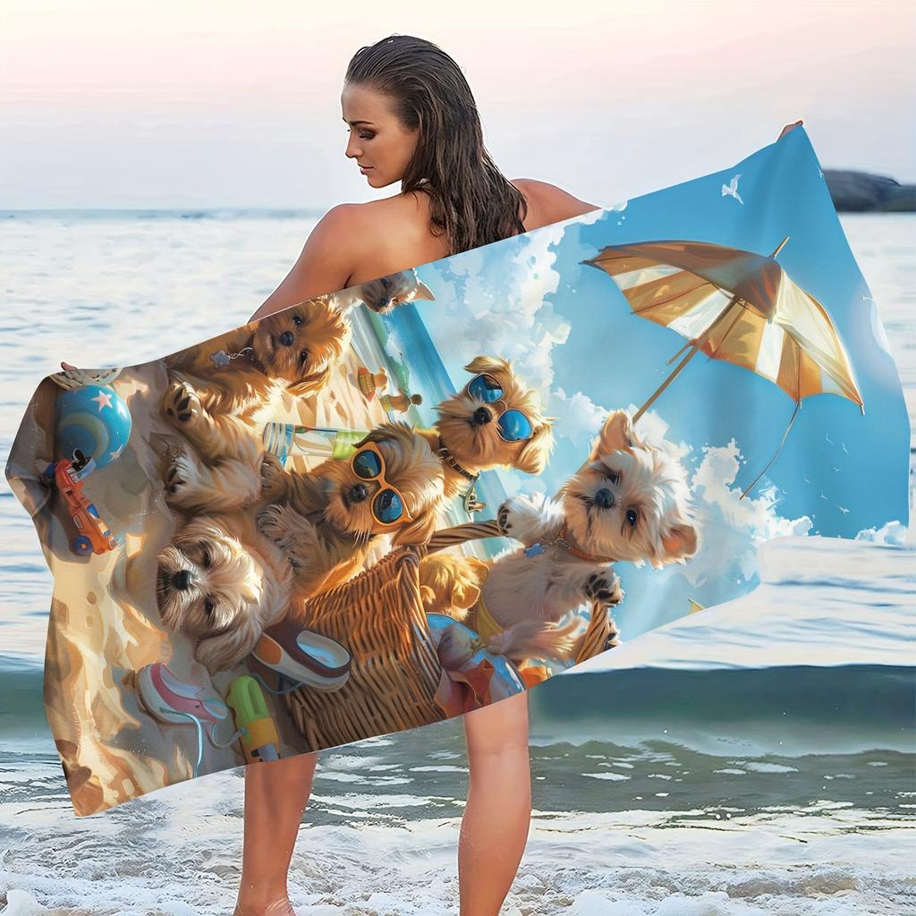 Extra Großes Cartoon-Hunde-Print Strandtuch, Weiches Strickgewebe Super Saugfähiges Handtuch für Körperabdeckung Sonnenliege