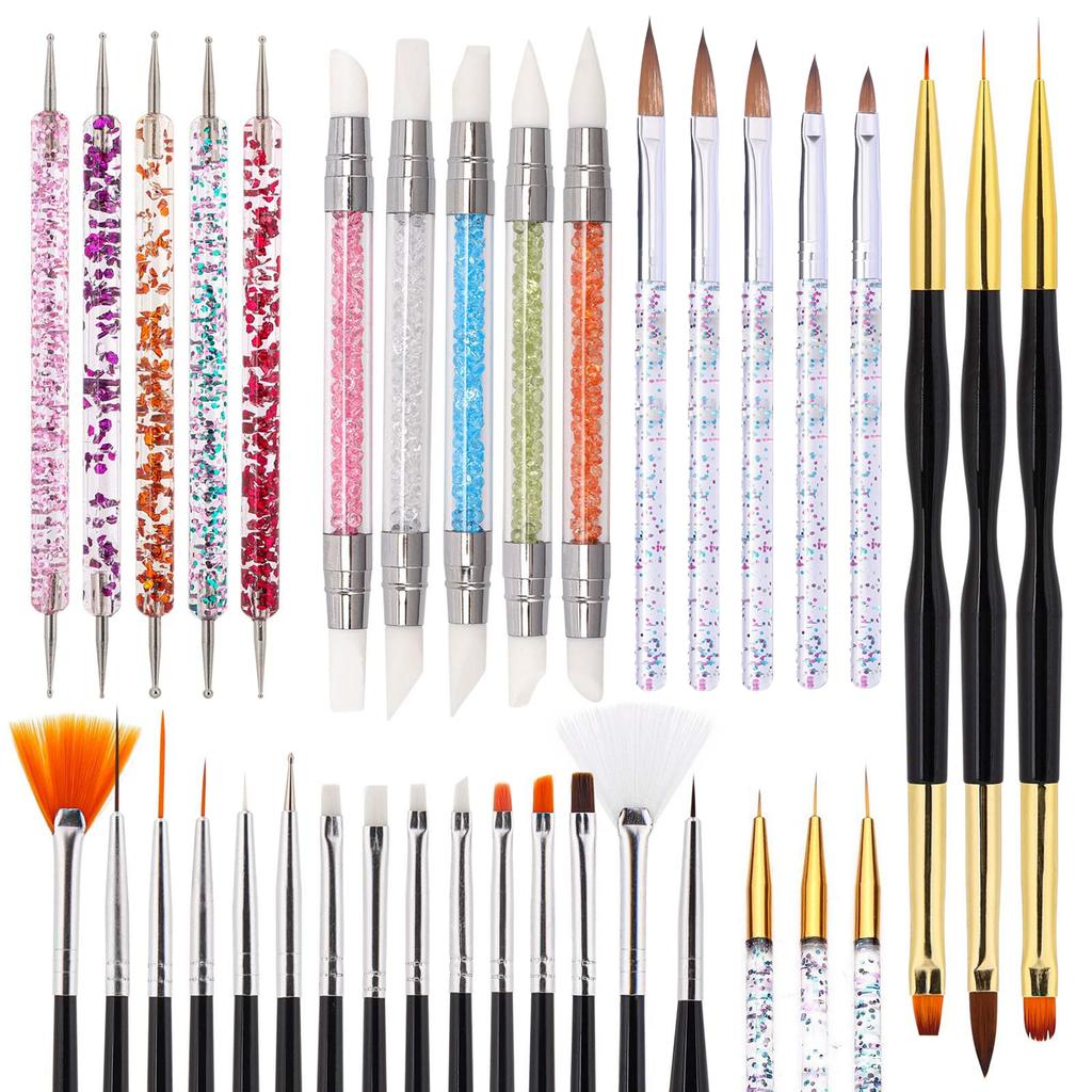36Pcs Nail Art Brush Set Fine Liner Striping Dotting Silicone Tools 3D Gel Pen Acrylic Design Brushes For Professional Home Use