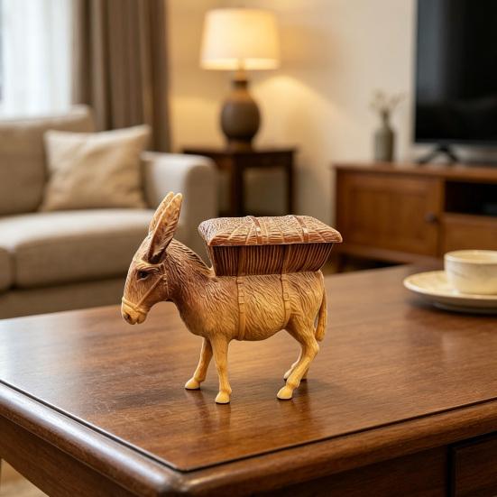Donkey Ornament Resin Decorative Figurine with Imitation Wood Texture Storage Basket Jewelry Small Items Desktop Storage Decoration