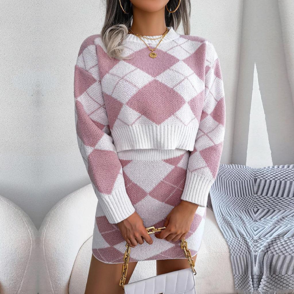 Dámský podzimní zimní kontrastní kosočtvercový pletený pupíkový svetr s obalem přes boky a sukňovým setem
