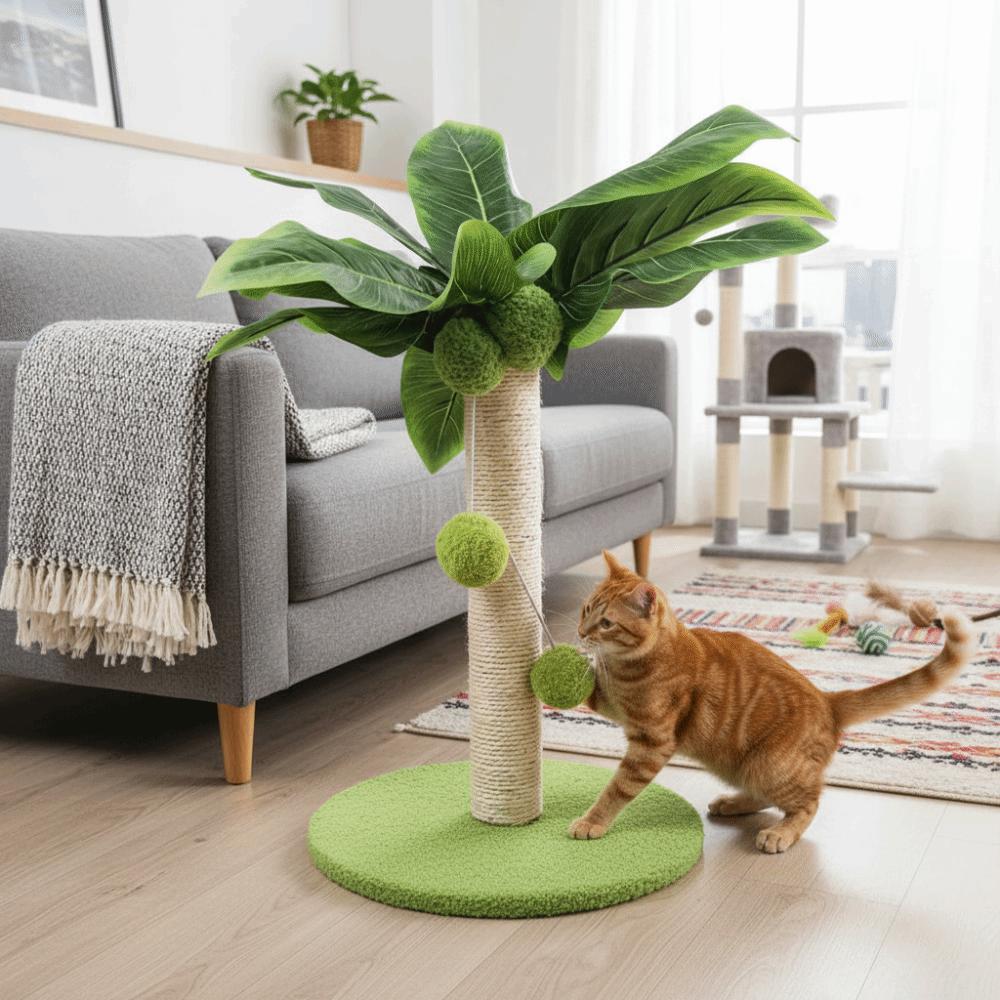 Sisal Rope Cat Scratching Post Wooden Track Ball Green Leaves Scratch Post Durable Design Hanging Balls Interactive Toys
