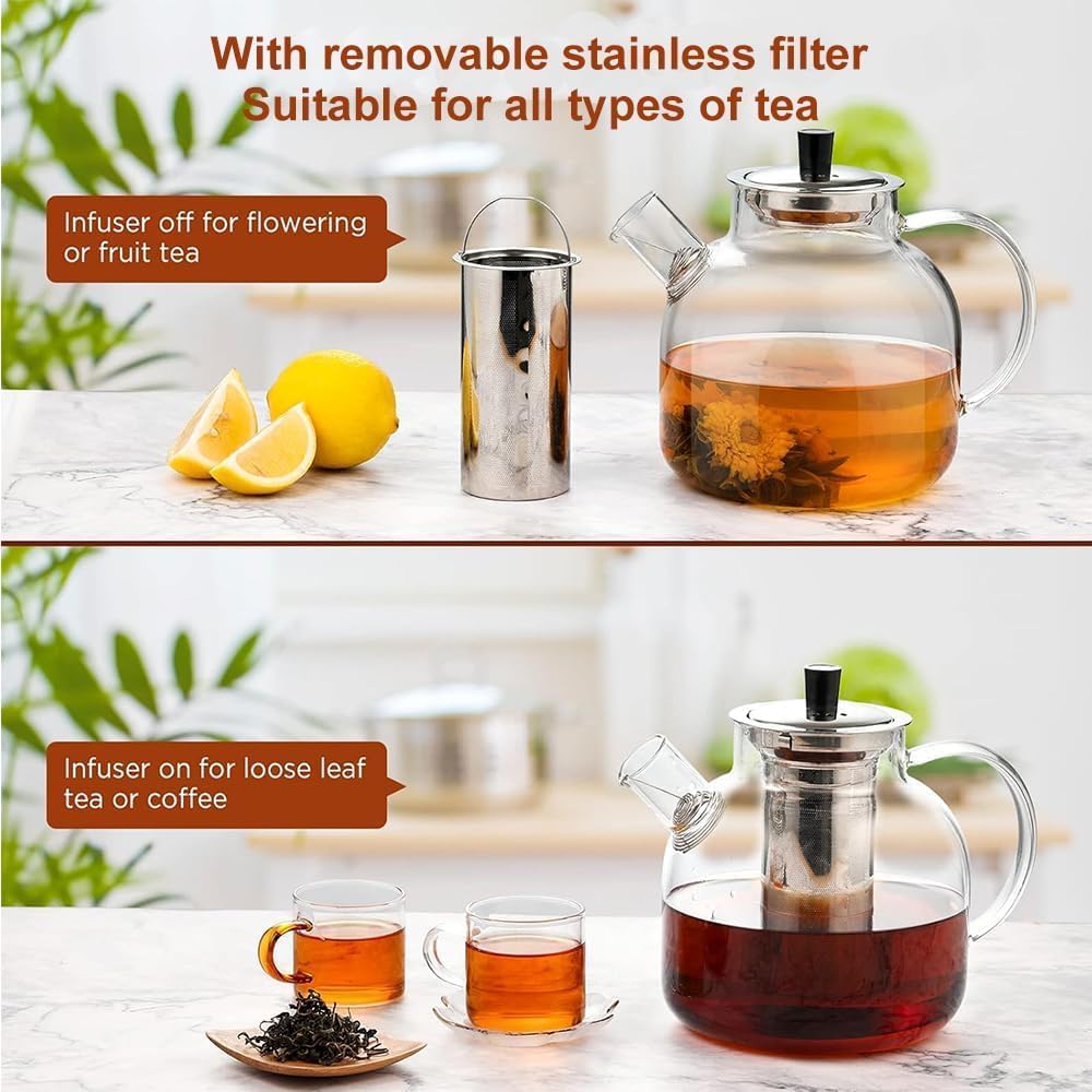1500ml(50oz) Glass Teapot with Removable Infuser, Ehugos Stovetop Safe Large Tea Pot, Blooming and Loose Leaf Hand Crafted Kettle for Women and Adult