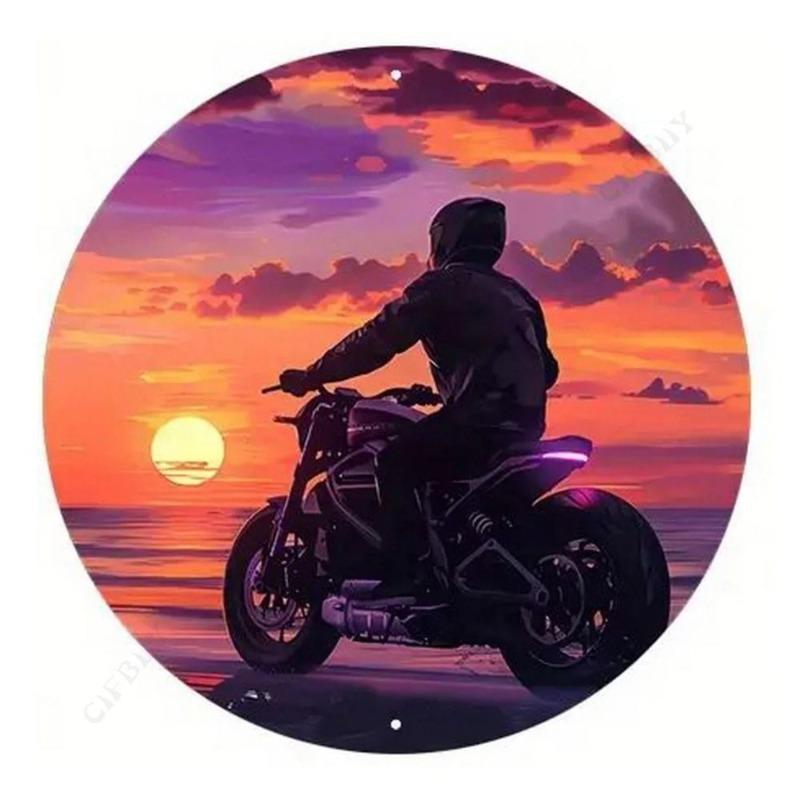 Motorcycle 2D Flat Design Round Sign, 20x20cm Wall Decor