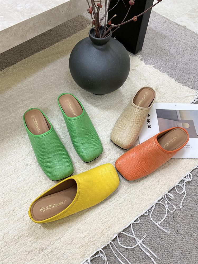 Fashion 2025 New Fashion Mules Grass Weaving Mid Heels Square Toe Women's Pumps Handmade Slippers Summer Shoes Runway Outdoor Lady Shoes