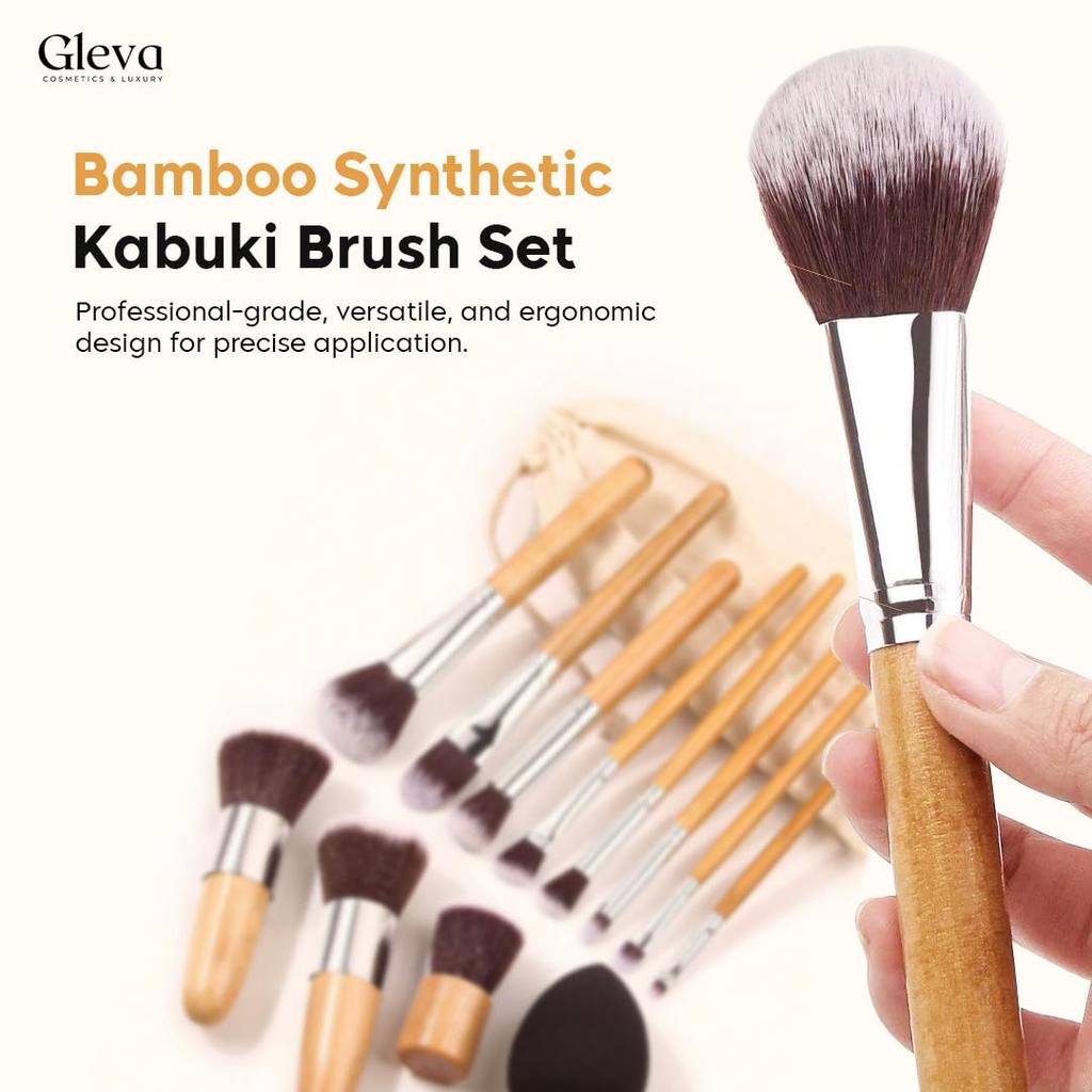 Gleva Makeup Brush Set 11 Pcs Of Bamboo Synthetic Kabuki Brushes For Foundation, Face Powder Blending, Concealer, Eye Shadows, Blush, Highlighter,