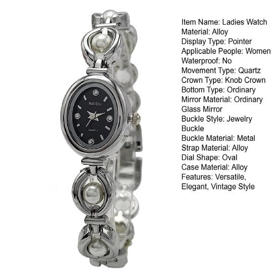 Ladies Bracelet Watch Faux Pearl Oval Dial Watch Women Vintage Quartz Wristwatch Elegant Dress Watch for Party Date