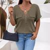 2025 Spring/Summer Plus Size Women's Solid Color Zipper Short Sleeve Loose Pullover Top