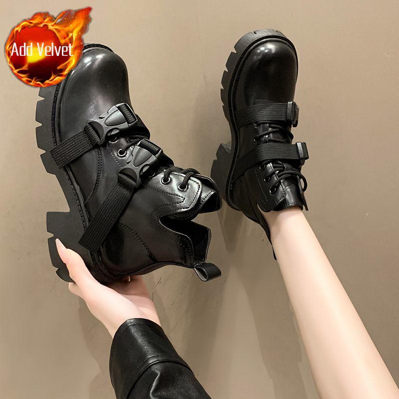 Fashion Women's Ankle Boots Biker Fleece-Lined Leather Round Toe Warm Booties New Rock Large Size Y2k Boot In Autumn Female Short Shoes