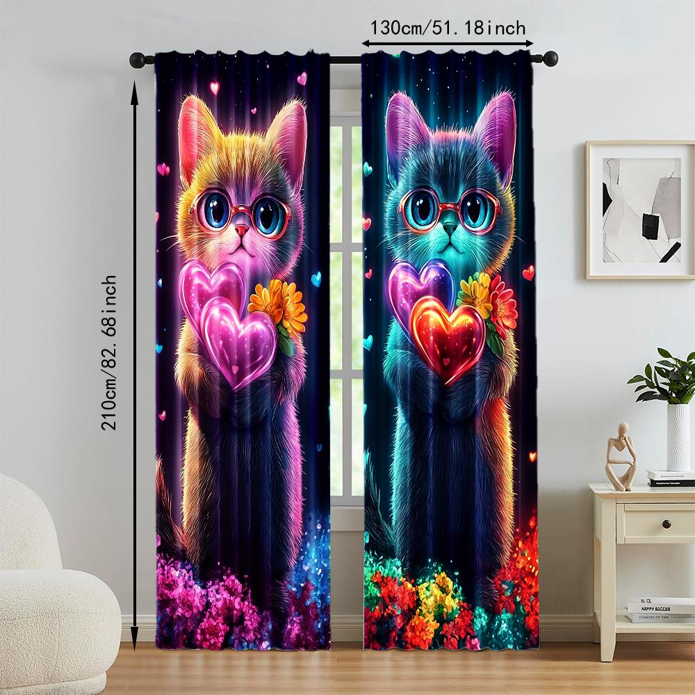 Set Of 2 Colorful Dream Cat Printed Window Curtain Treatment Bedroom Office Kitchen Living Room Study Home For Sitting Made Polyester With Rod Pocket
