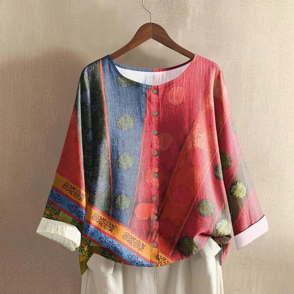 Women's Casual Long-sleeved Round-neck Retro Gradient Printed Cotton And Linen Top