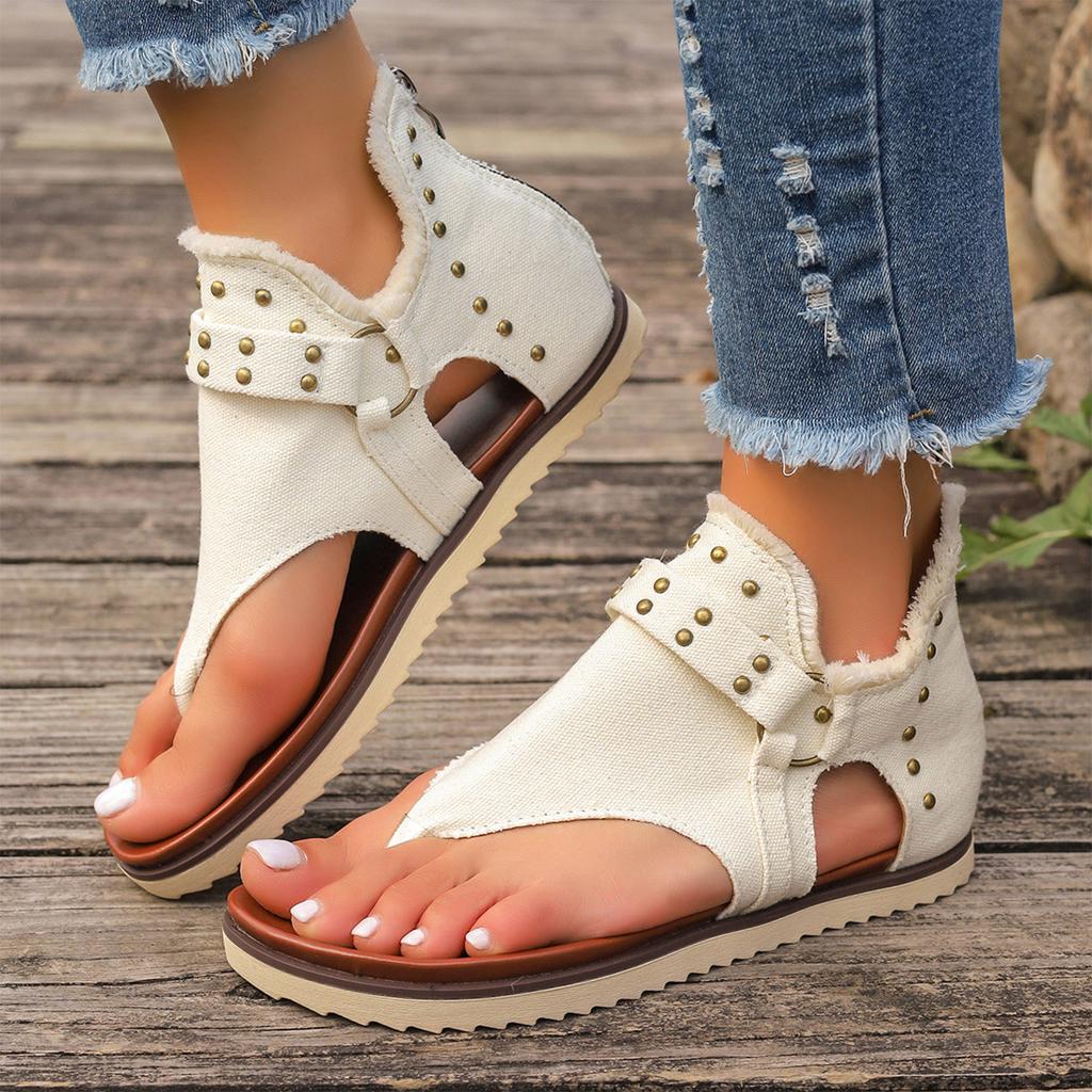 Women's Studded Denim Flat Thong Sandals with Back Strap Open Toe Casual Beach Footwear for Summer