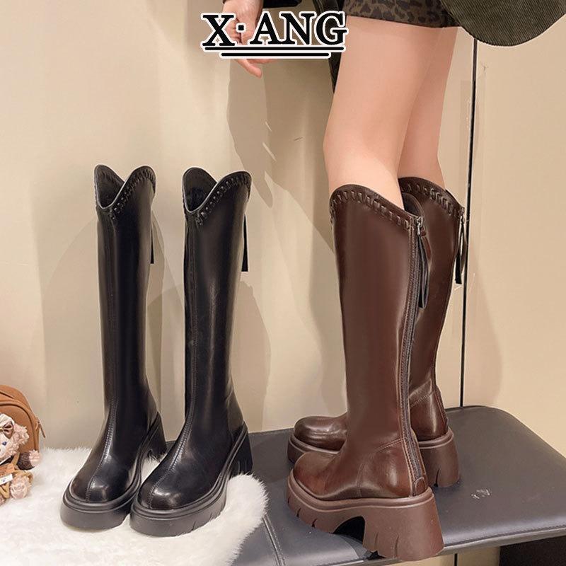 Leather Brown Mouth Skinny Boots Women's Small Thick-soled Heel Boots But Knee High Boots Knight Boots