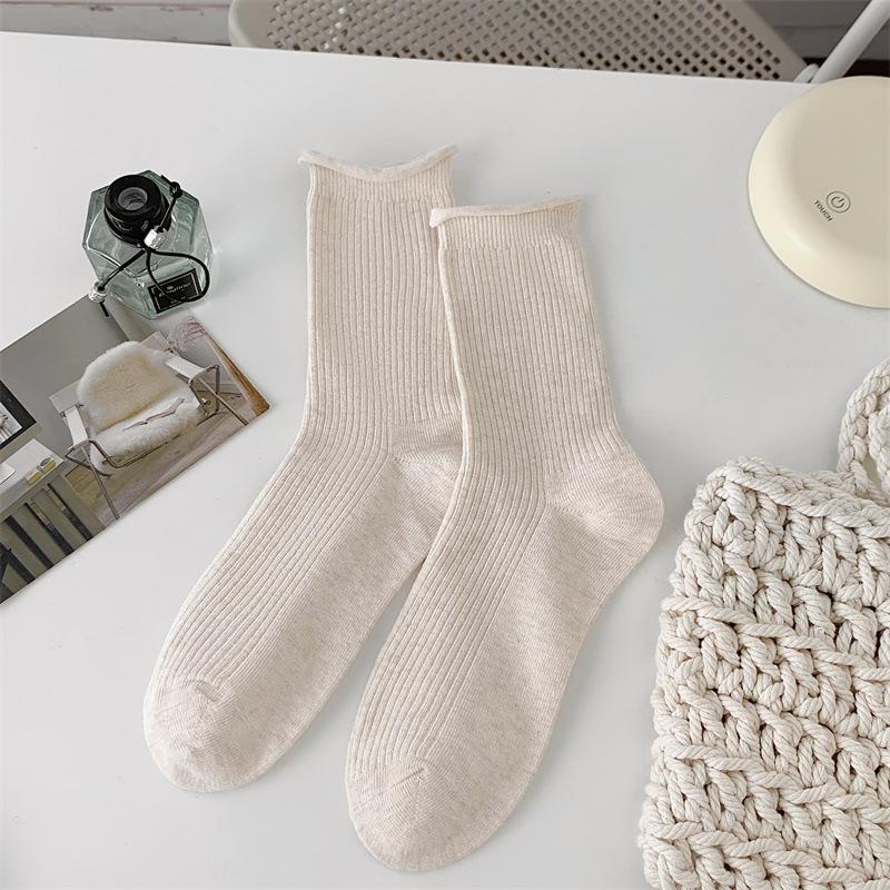 Rolowane Skarpety z Puszystej Bawełny dla Kobiet, Skarpety Bawełniane do Połowy Łydki Jednokolorowe na Wiosnę i Jesień, Beżowe Proste i Uniwersalne Długie Skarpety, Lato