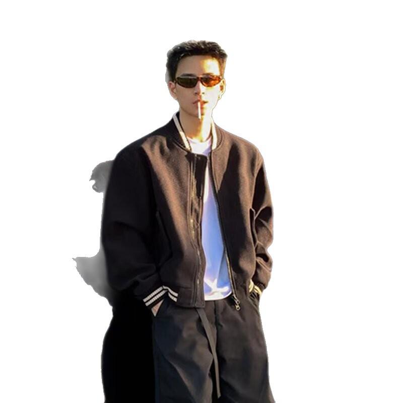 Graue Woll-Bomberjacke für Herren: Amerikanischer Retro, Frühling/Herbst, High-End Baseball-Stil