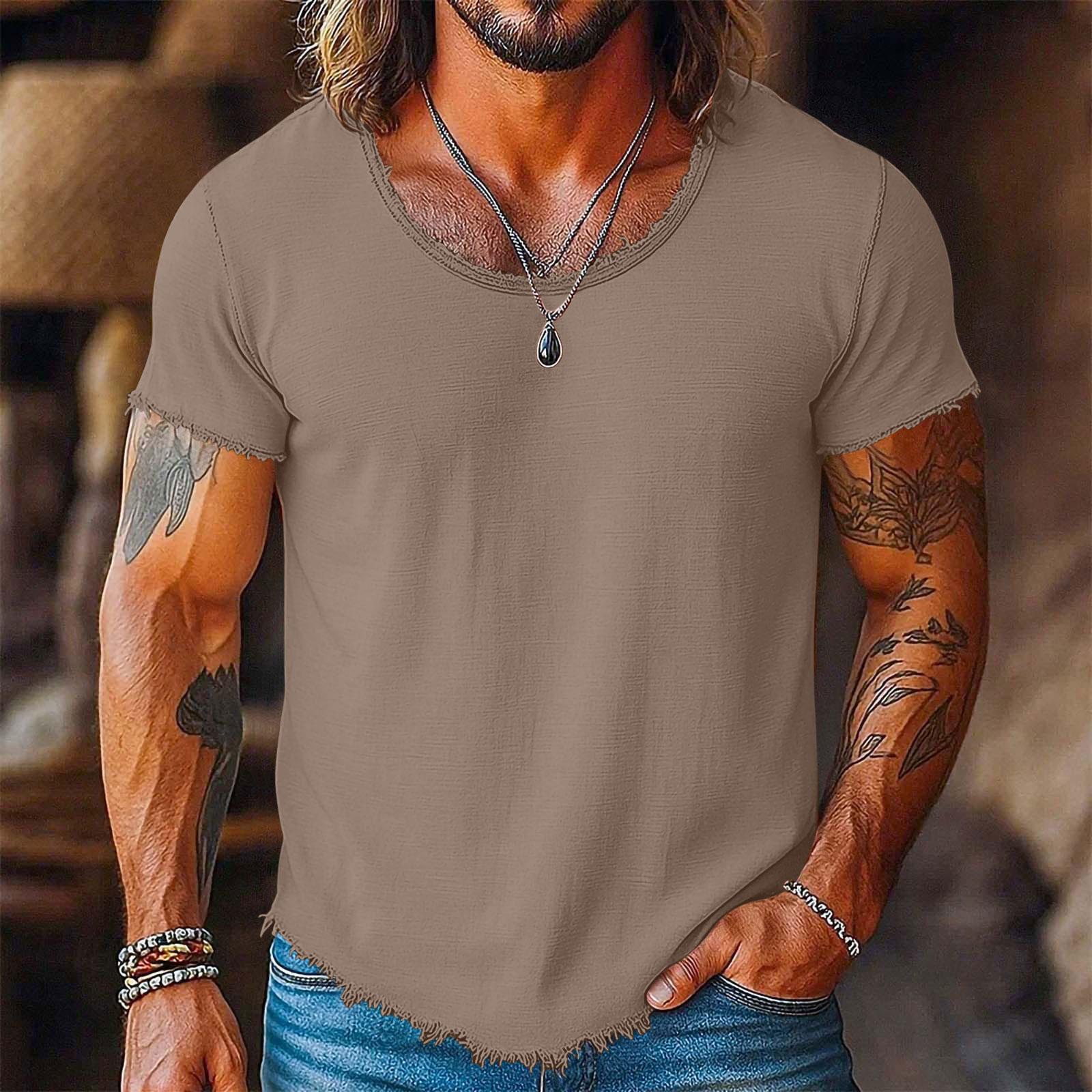 Ionia Heren Casual T-shirt met Korte Mouwen, Verweerd Ruw Randje, Ronde Hals, Lichtgewicht Zomer T-shirt voor Dagelijks Gebruik M kaki
