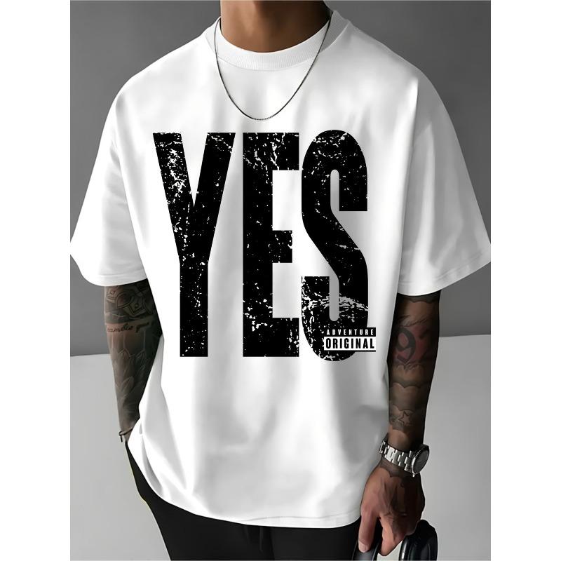 Men'S Oversized Yes Print T-Shirt Bohemian Crew Neck Top Casual All Season Wear Machine Washable Contrast for Everyday Outfits, Plus Size