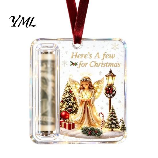 Acrylic Money Holder Christmas Cash Gift Ornament, Angel Santa Cat Ornament for Xmas Tree, Holiday Party Hanging Decoration with Lanyard Tree