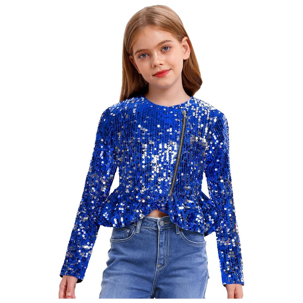Mädchen Pailletten Strickjacke Oberteil Langarm Doppelreißverschluss Schößchen Design Cropped Jacke Geburtstagsparty Oberbekleidung