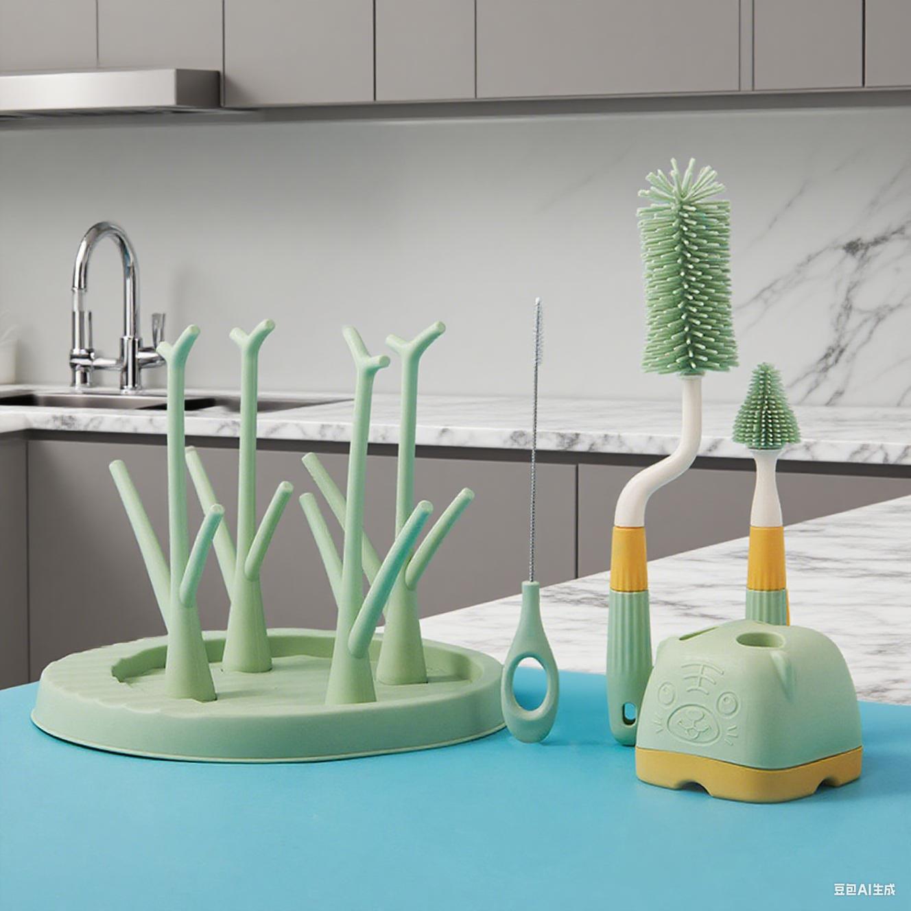 

Набор для чистки детских бутылочек из 3 предметов (Силиконовая щетка для бутылок + Щетка для соломинок + Щетка для сосок) со стойкой для сушки бутылок зелёный