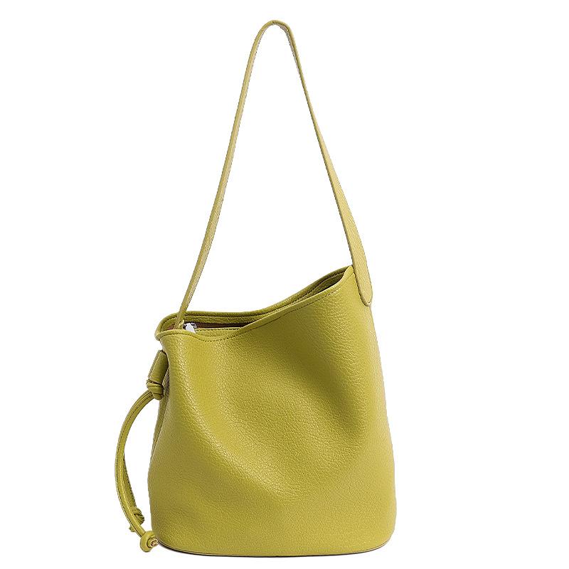 Summer New Niche Lychee Pattern Soft Leather Simple Bucket Bag Fashionable Single Shoulder Underarm Bag Women