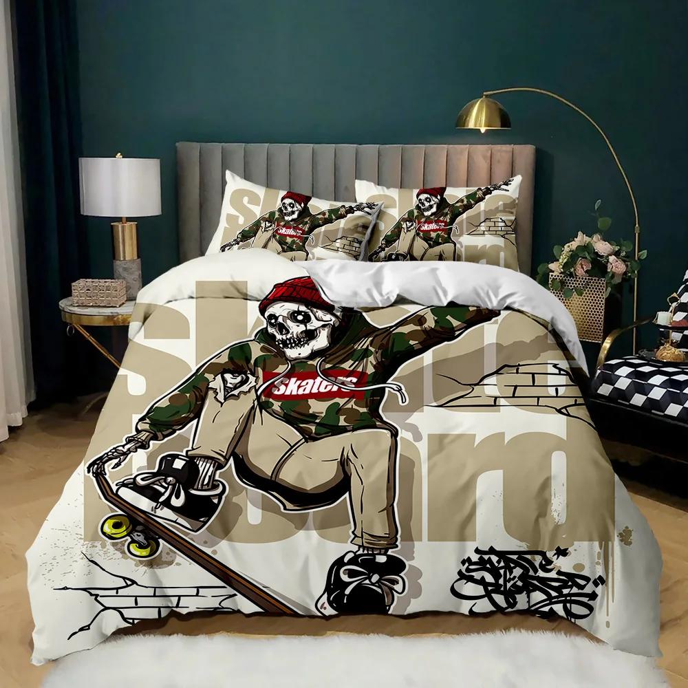 Cartoon Skateboard Duvet Cover Set Cartoon Wolf Kids Hip Hop Skateboard Sport Queen King Cute Wild Animal Polyester Quilt Cover