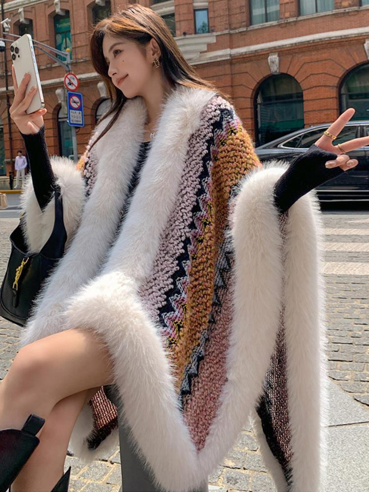 New Faux Fur Collar Imitation Cashmere Elegant Women Scarf Winter Striped Poncho Warm Thick Wrap Capa Para Mujer Pashmina Shawl