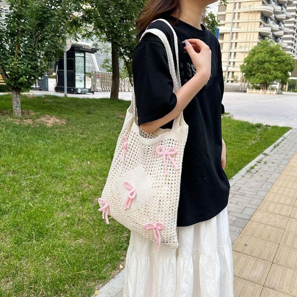 Large Capacity Knitted Shoulder Bag Handmade Weaving Woven Underarm Bag Hollow Out Handbag  Picnic