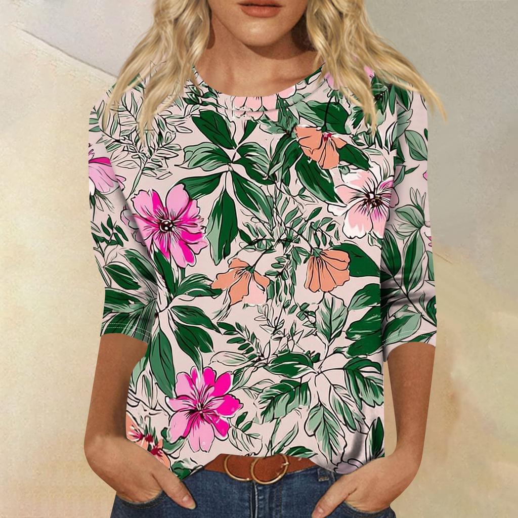 Women's Fashionable Casual Round Neck Three-Quarter Sleeve Printed T-Shirt Top