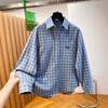 Women's Blue-Gray Plaid Embroidered Lapel Shirt - Korean Style, Relaxed Fit, Soft Brushed, Long Sleeve Layering