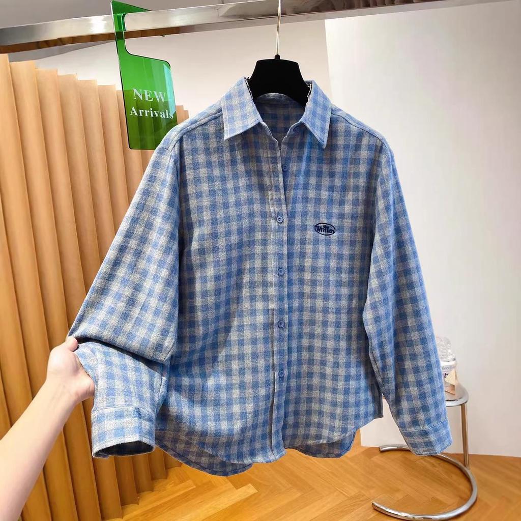 Women's Blue-Gray Plaid Embroidered Lapel Shirt - Korean Style, Relaxed Fit, Soft Brushed, Long Sleeve Layering