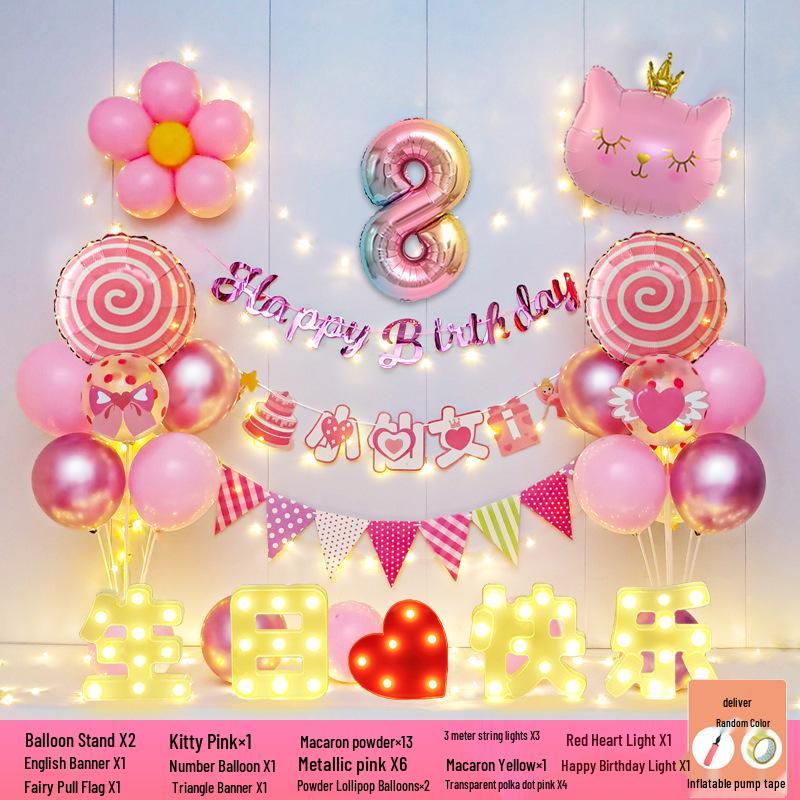 Happy Birthday Balloons for 7-8-Year-Old Girls - Home Party Decoration and Background Wall Decor