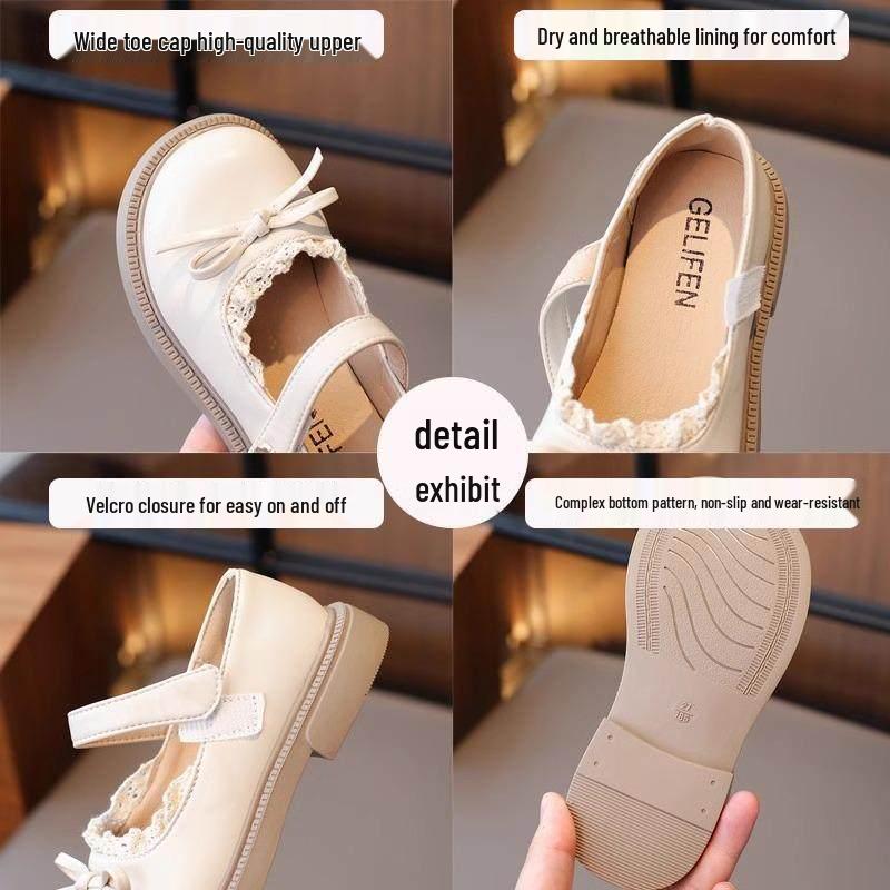 Girls' Lace Trim Bow Leather Mary Jane Shoes - Soft Sole Stylish Princess Shoes for Spring/Autumn 2025
