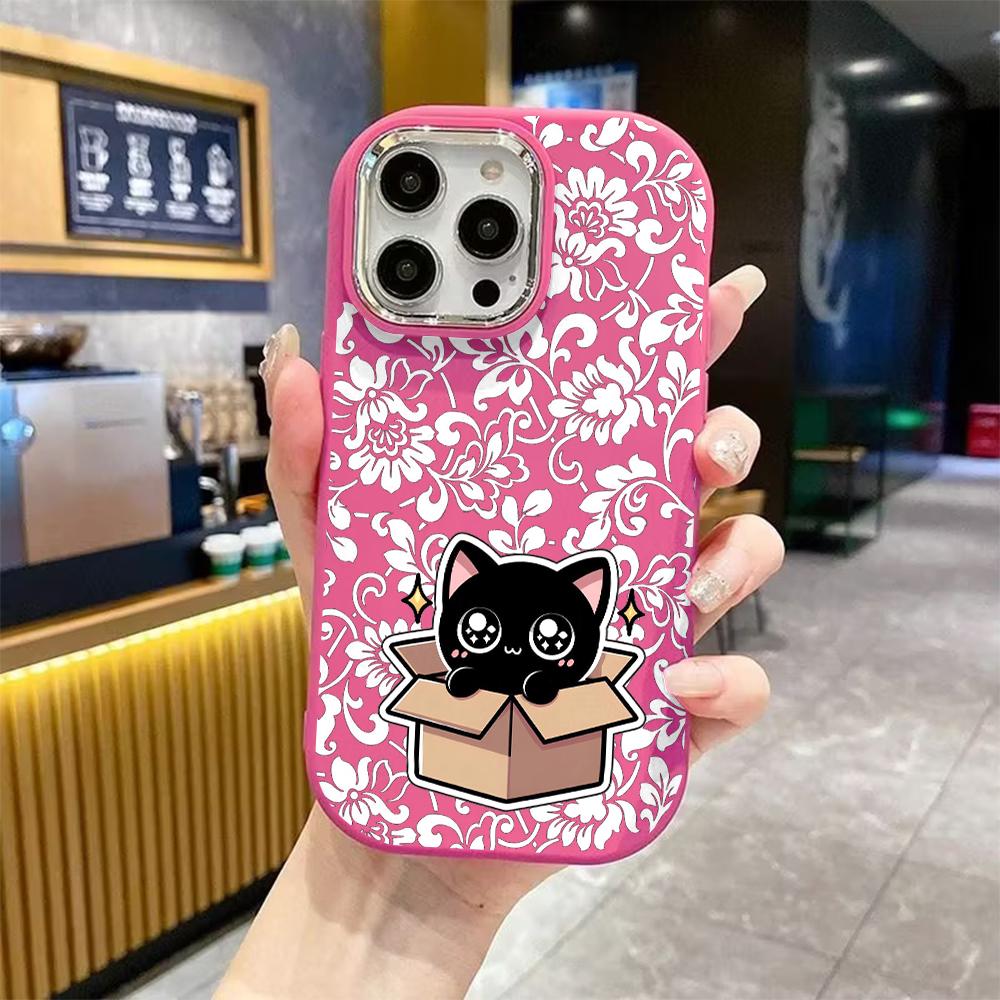 Phone Case: 2D Flat Design Suitable for iPhone 18 17 16 15 14 13 Pro Protective Case, Couple Style, Little Black Cat On Cardboard, Christmas and Hallo