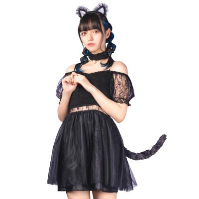 Coquettish Girly Cosplay Halloween Black Lace Cat Cat M Black Costume Fancy Dress Costume [Clear Stone] Women's