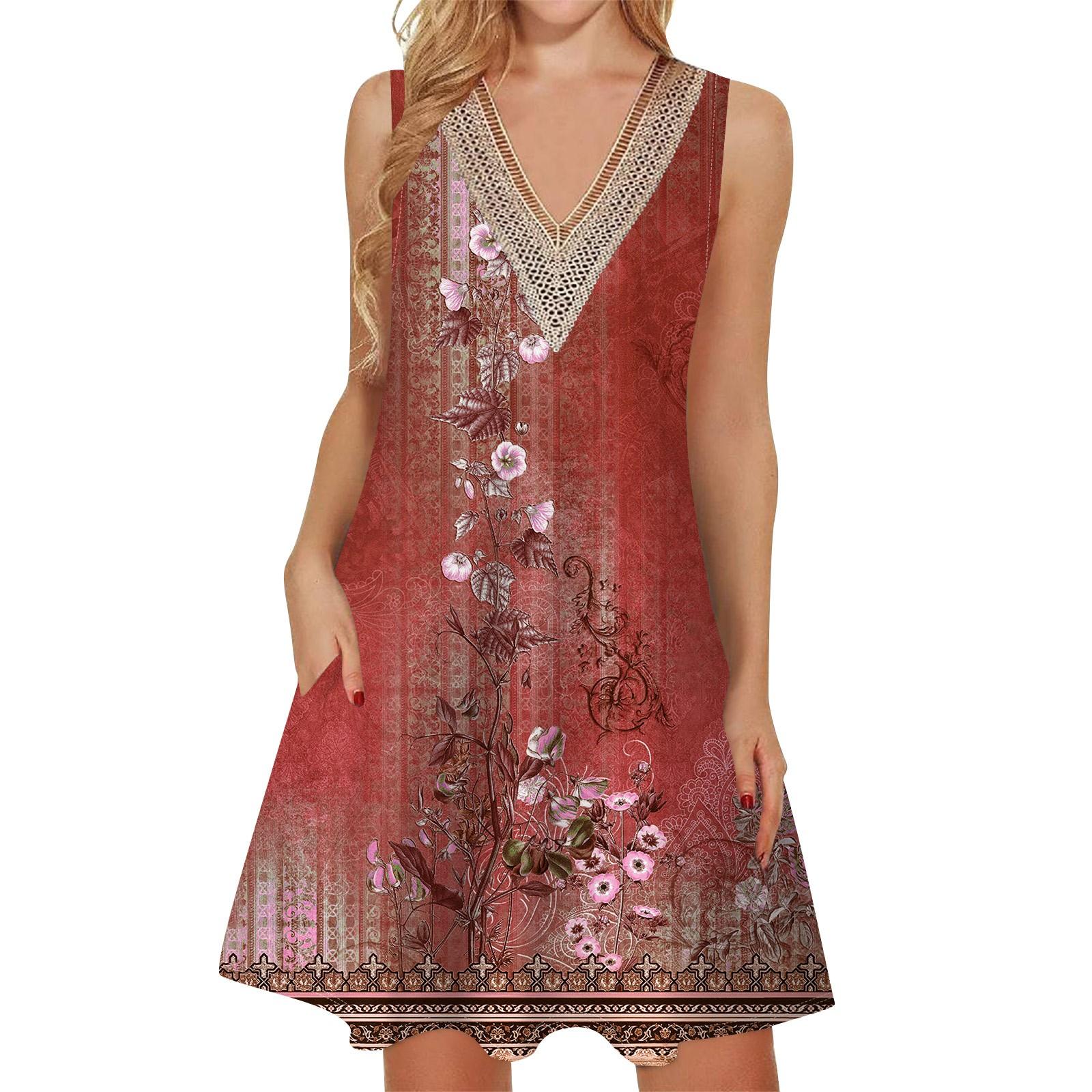 

Женские летние повседневные платья без рукавов, накидки с v-образным вырезом, кружевное платье-майка, свободный струящийся пляжный сарафан в стиле бохо с карманами XS красный