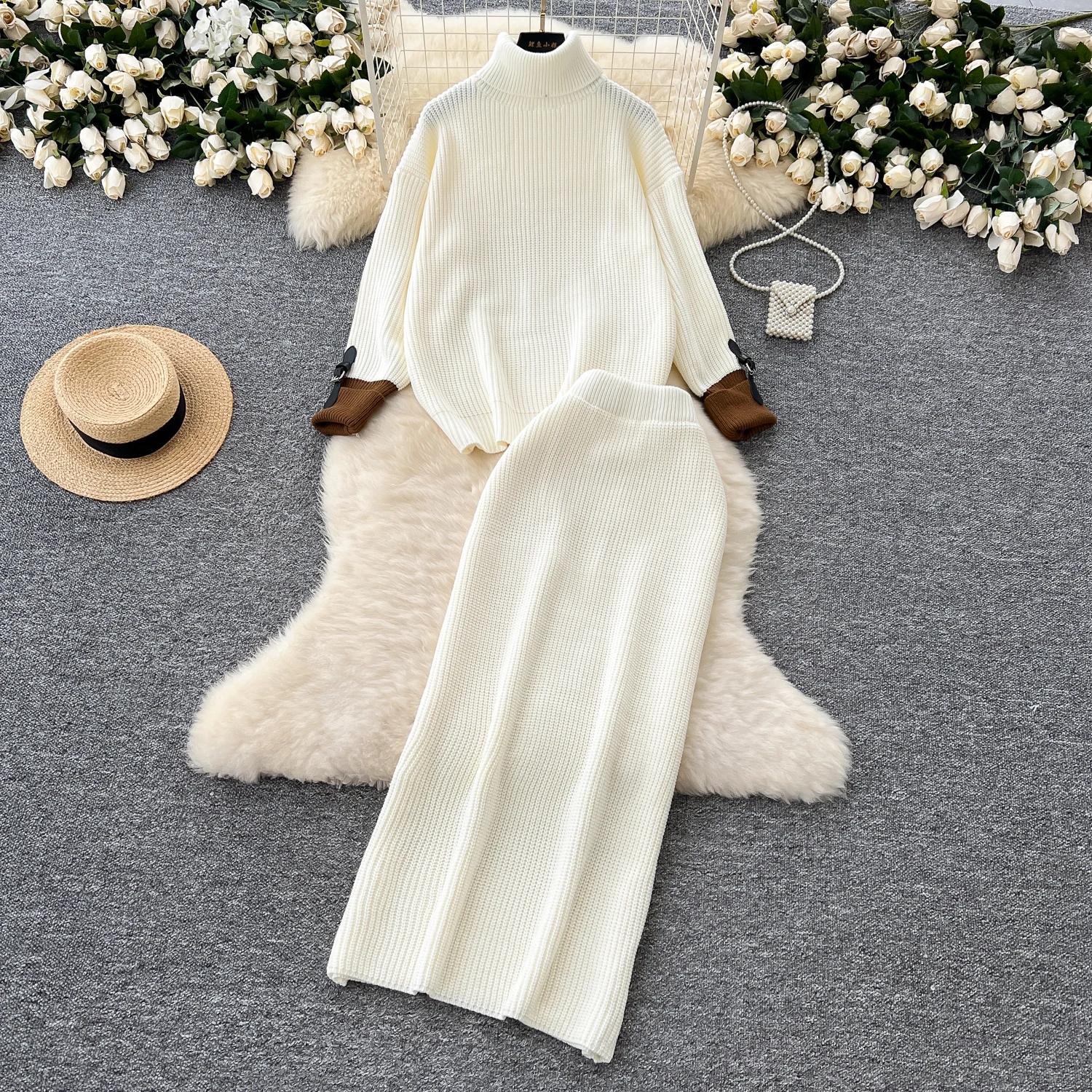 

Шикарные женские комплекты из двух предметов: водолазка с длинным рукавом, тонкий лоскутный топ и юбка с высокой талией, корейская мода, осенне-зимняя одежда One Size белый