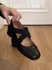 Schafleder~ Mary Jane Einzelne Schuhe Herbst und Winter Retro Kreuzriemen Quadratische Zehenpartie Bequemer dicker Absatz Hoher Absatz Schweinenase Ballerinas