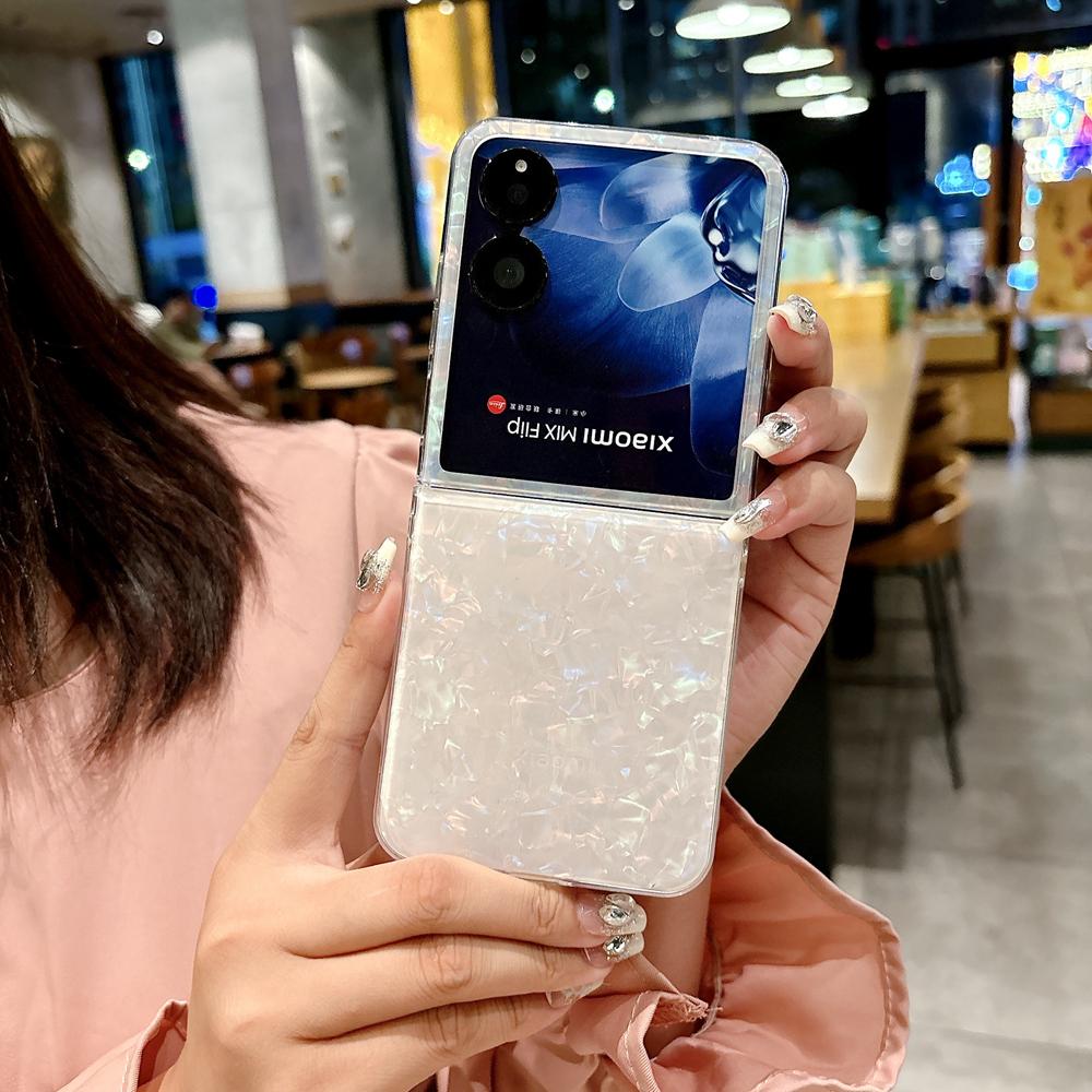 KEYSION Luxury Diamond Glossy Shell Pattern Case for Xiaomi Mix Flip Hard PC Women's Shockproof Phone Cover for Xiaomi Mix Flip