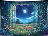 Wildflower Moon Tapestry, Window Forest Plant Green Leaf and Garden Colorful Floral Wall Tapestry for Bedroom, Night Sky Wall