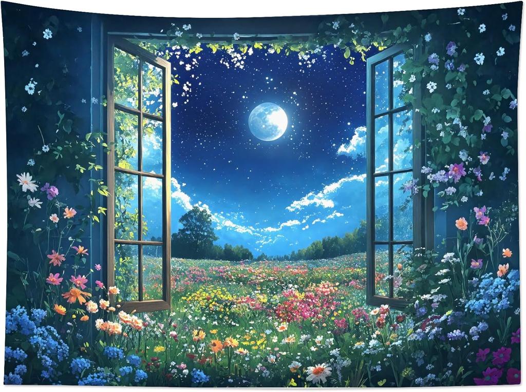 Wildflower Moon Tapestry, Window Forest Plant Green Leaf and Garden Colorful Floral Wall Tapestry for Bedroom, Night Sky Wall