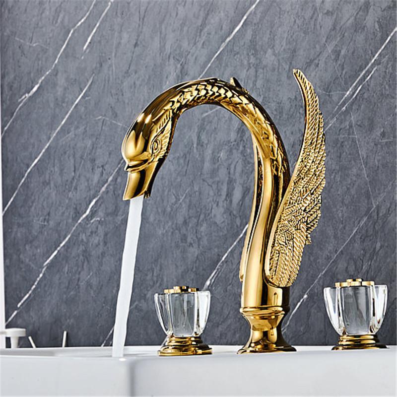 

Tuqiu Gold Bathroom faucet widespread Brass and Crystal Basin faucet Tap luxury Basin Mixer Hot And Cold shower room sink Faucet золотой
