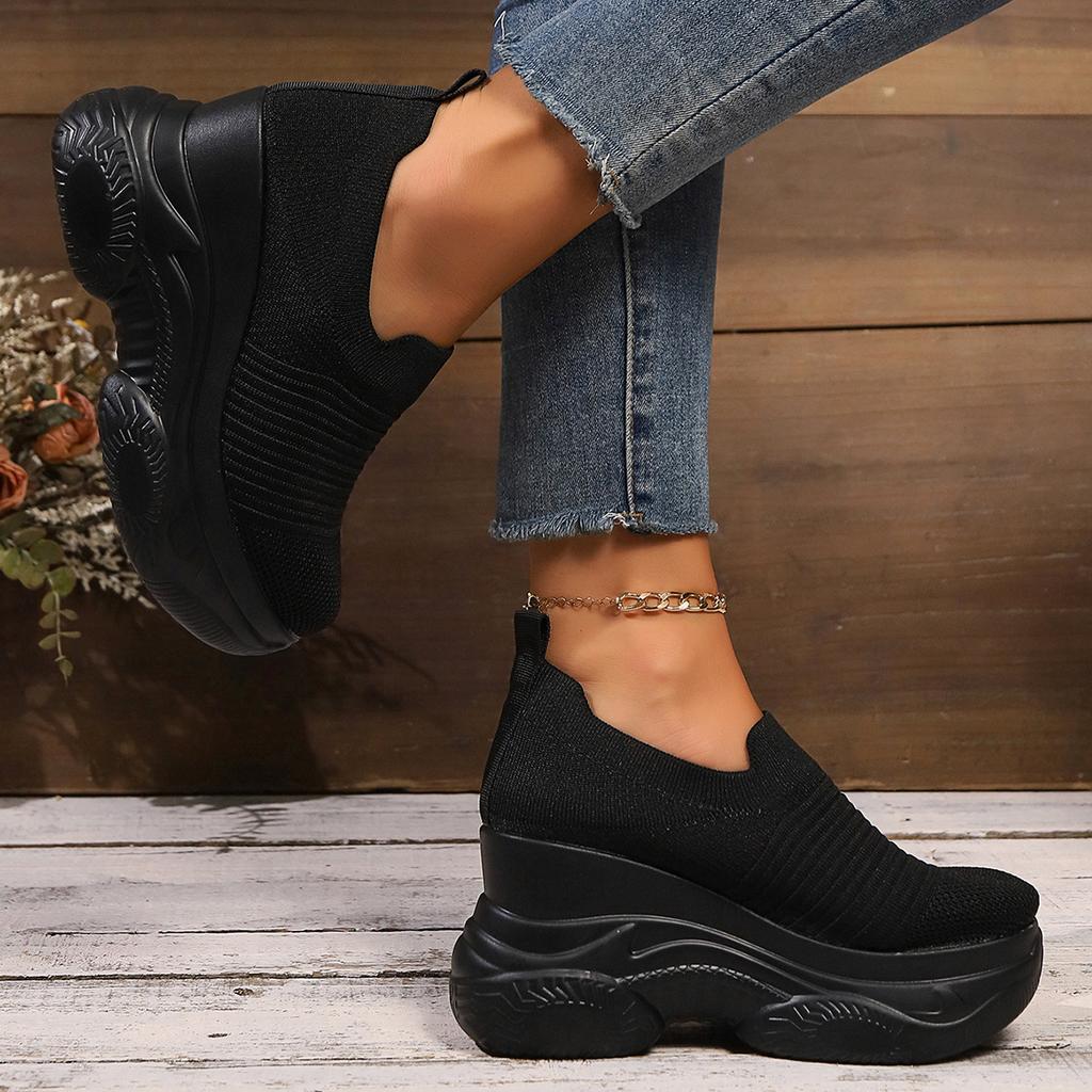 Heightening Thick Sole Fashionable Ladies Shoes  Autumn New Black Mesh Breathable Casual Slip-on Women's Vulcanized Shoes