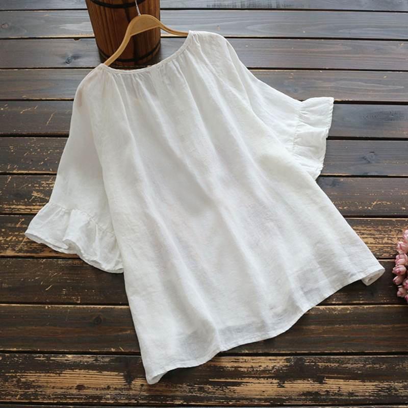 Women's Retro Solid Color Short-sleeved Ruffled Blouse Shirt Cotton and Linen Casual Shirt