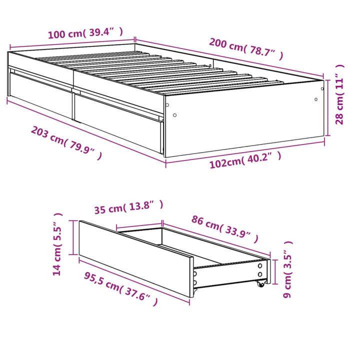 VidaXL Cadre de lit avec tiroirs noir 100x200 cm bois d'ingénierie, lit, lit de rangement, cadre de lit simple, lit simple, 3280672