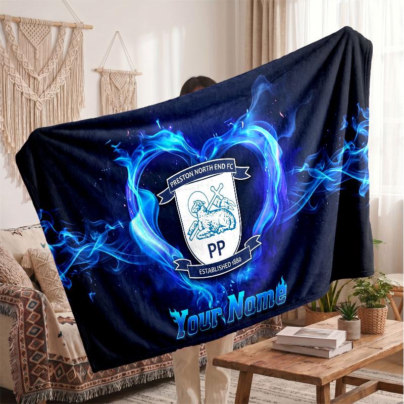 Preston North End Personalized Fleece Blanket With Football Logo, Custom Name Text Soft Warm Home Throw Blanket