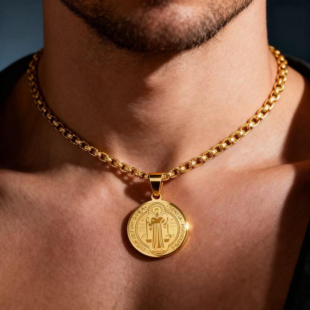HNSP Stainless Steel San Benito Medal Pendant Chain Necklace Saint Benedict of Nursia Religious Accessories