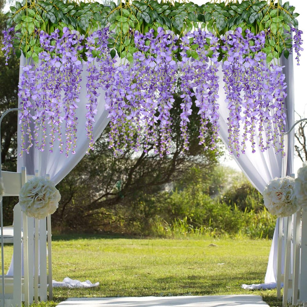 8pcs Artificial Flowers Silk Wisteria Vine Ratta Silk Hanging Flower Wedding Decor (Purple)