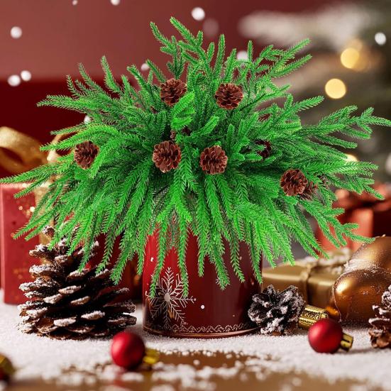 Simulated Pine Branch Faux Greenery Foliage Artificial Pine Sprig with Pine Cones Red Berries for DIY Wreath Home Vases Christmas Winter Parties
