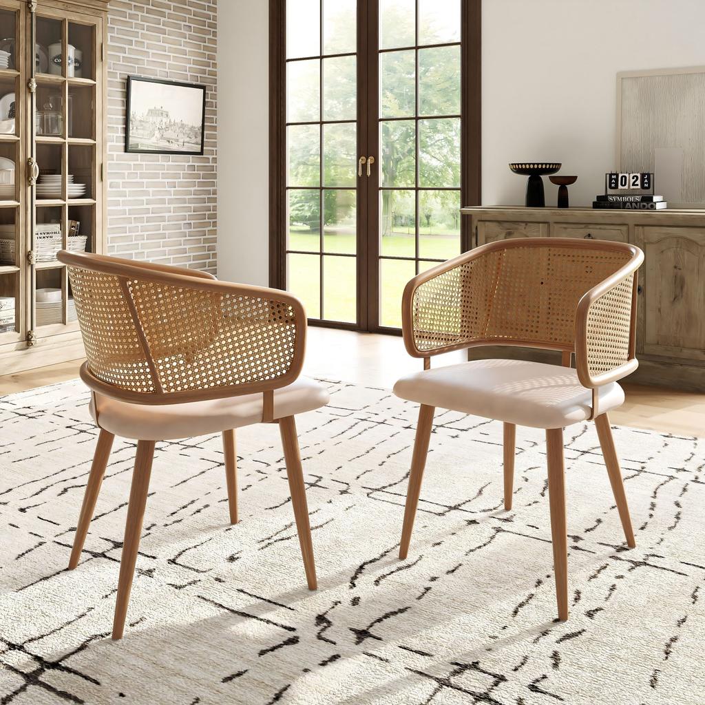 2 Dining Chairs with Rattan Backrest, Seat Cushion PU Leather, Breathable, Modern and Simple Style, Suitable for Restaurants, Living Rooms and Cafés
