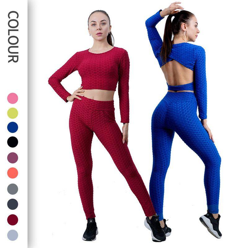 

New European and American Style Yoga Set for Women, Bubble Yoga Running Fitness Clothing, High-Waisted Peach Butt-Lifting Yoga Outfit Red Top XXL